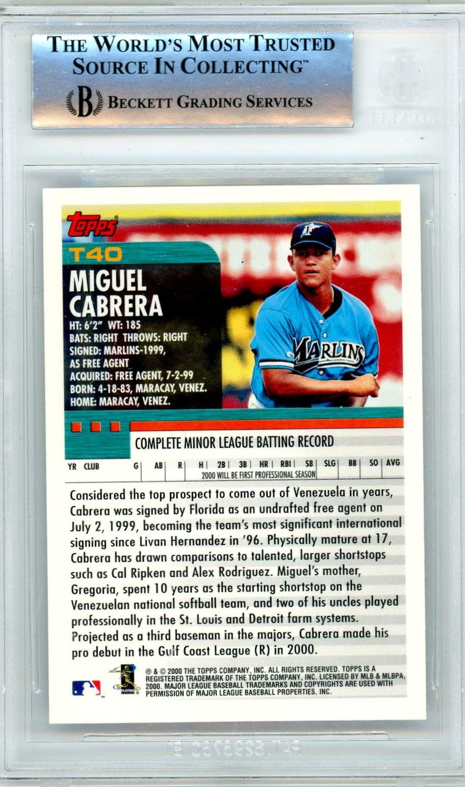 2000 Topps Traded Miguel Cabrera #T40 BGS 9 Rookie