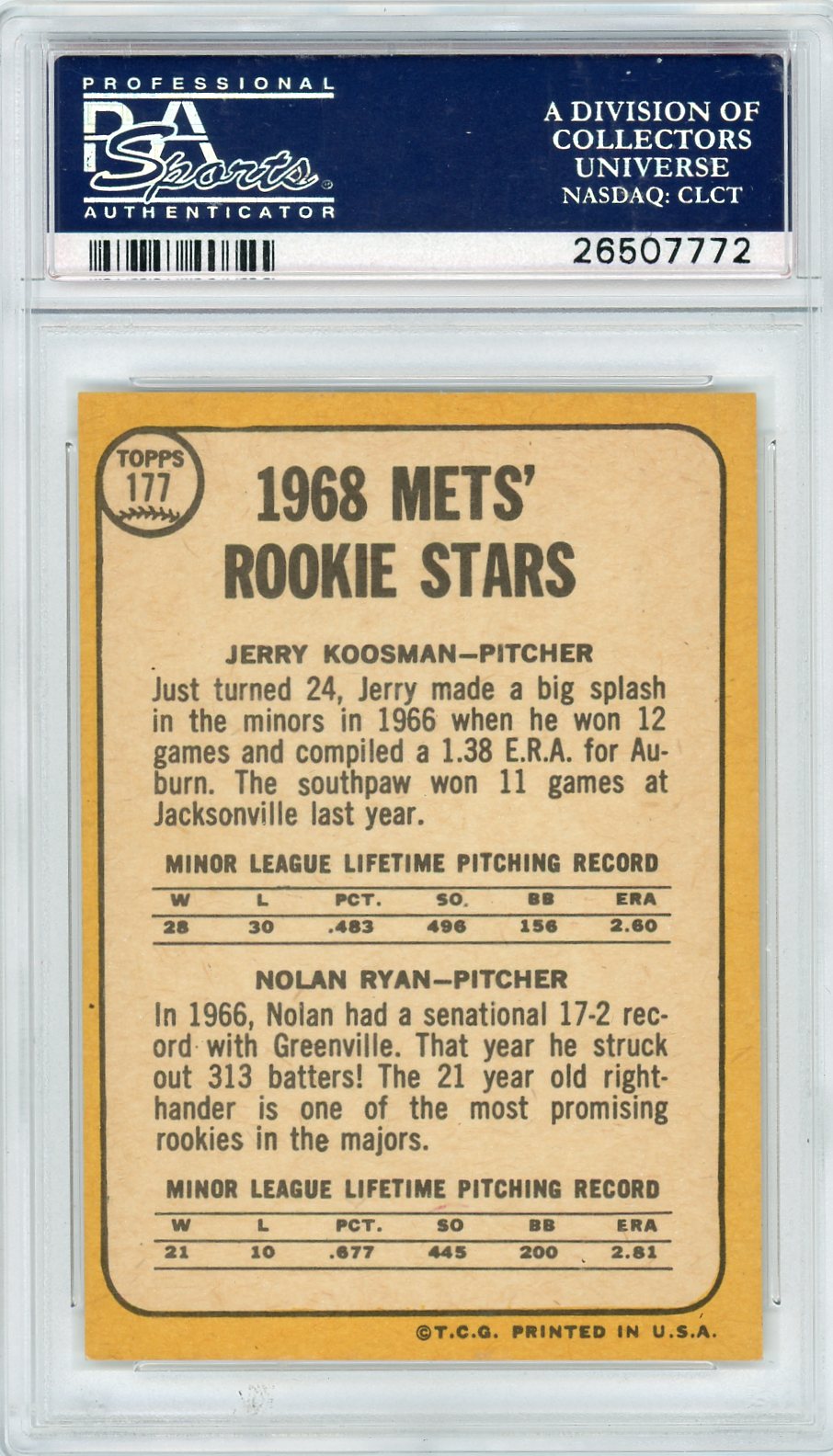 1968 Topps Mets Rookies #177 J. Koosman N. Ryan PSA 7