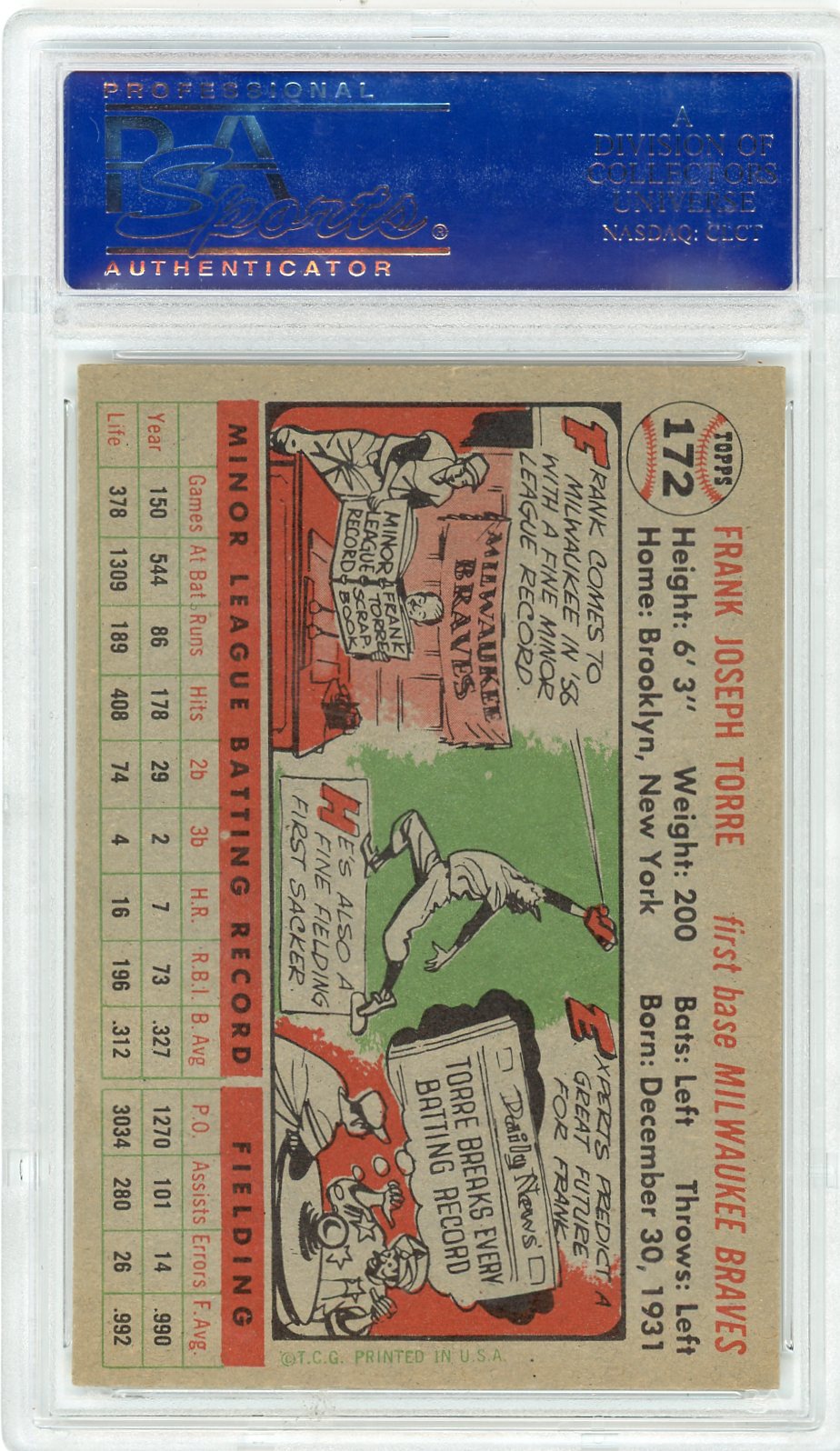 1956 Topps Frank Torre #172 Gray Back PSA 7