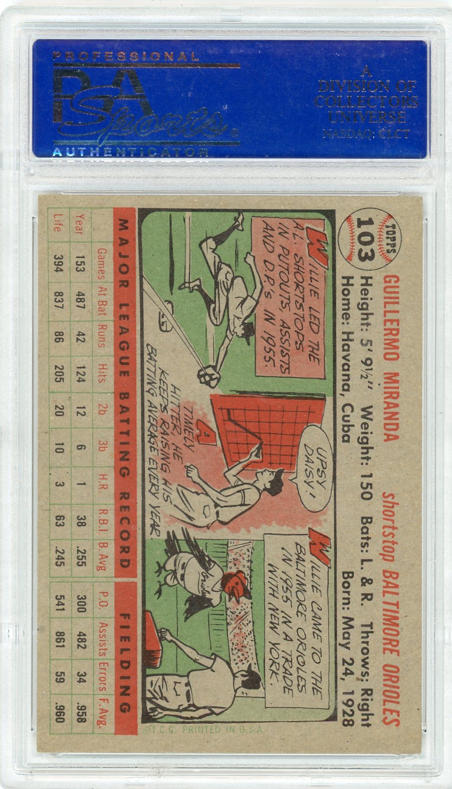 1956 Topps Willie Miranda #103 Gray Back PSA 7