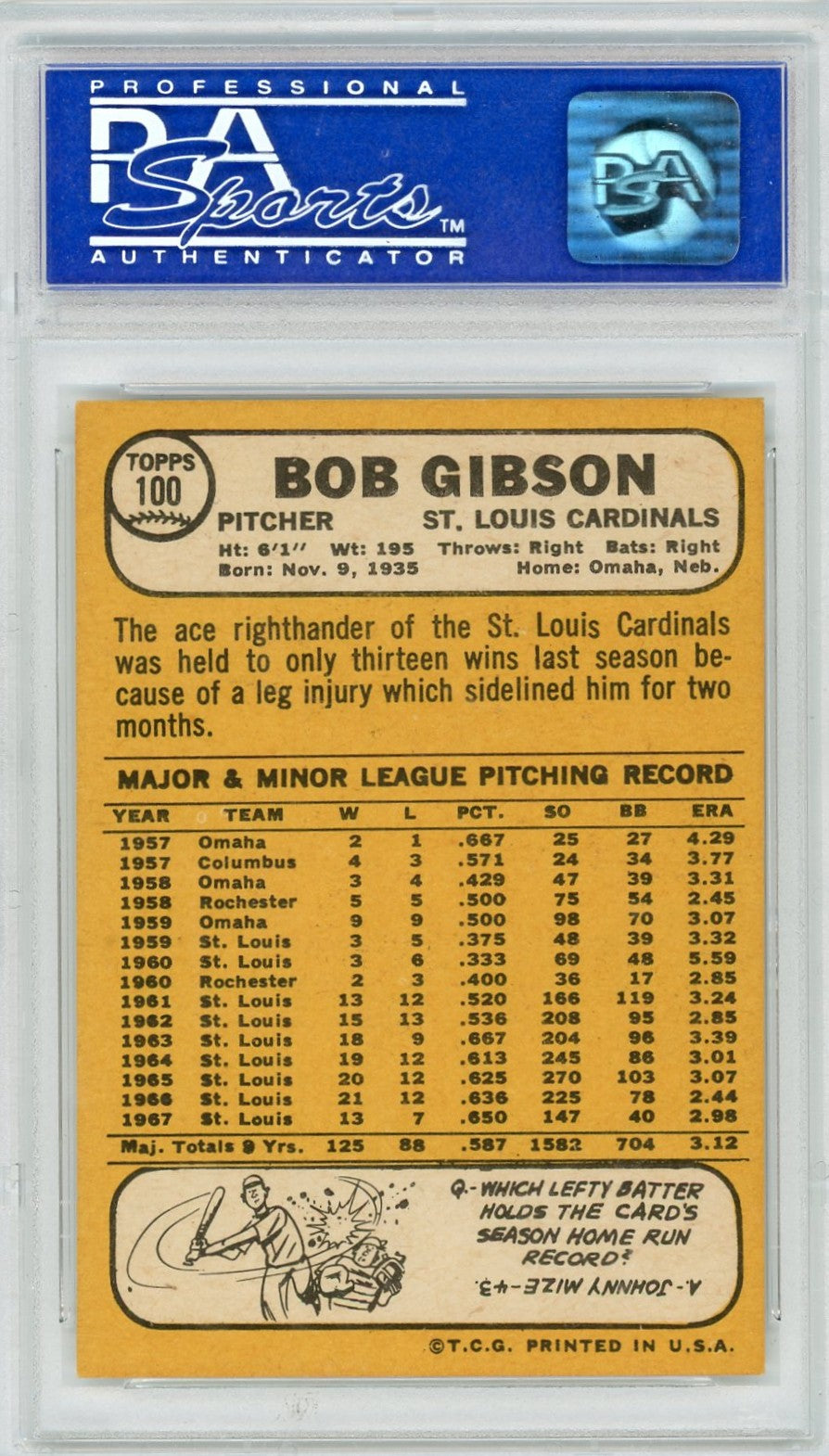 1968 Topps Bob Gibson #100 PSA 8