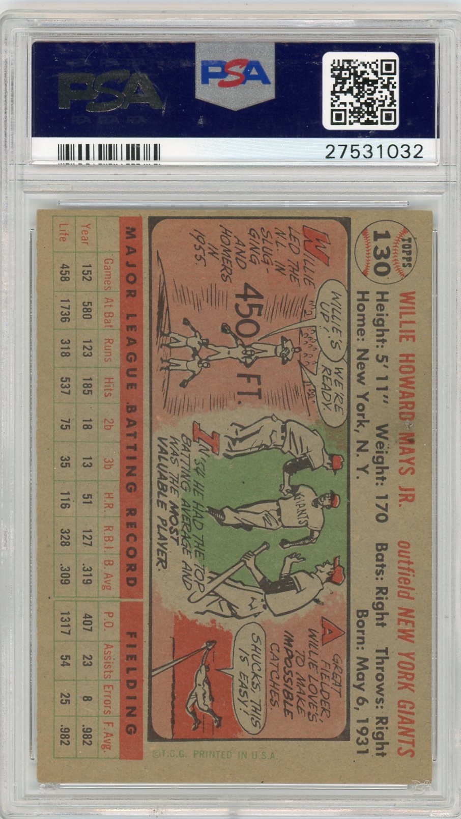 1956 Topps Willie Mays #130 Gray Back PSA 5