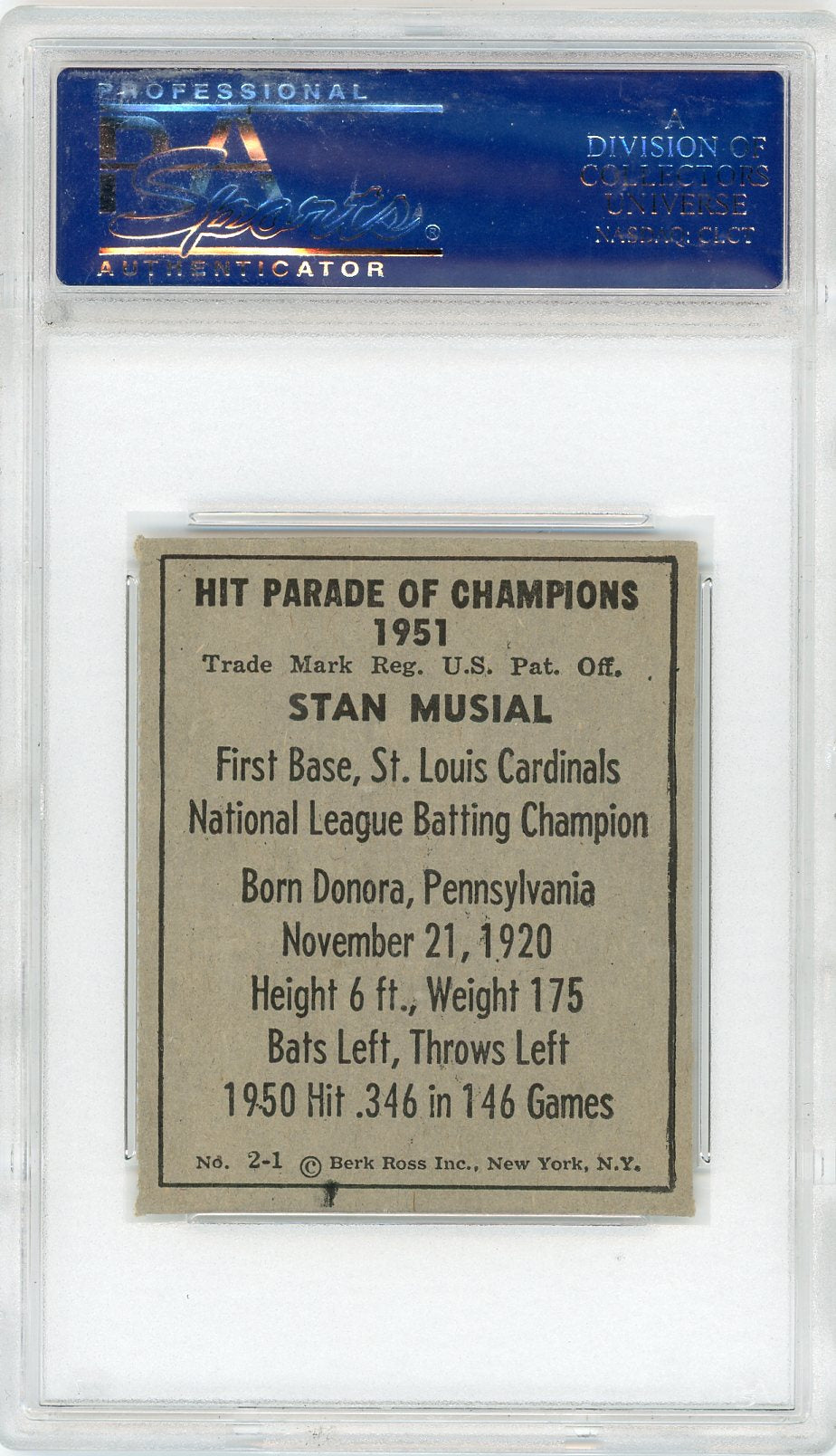 1951 Berk Ross Stan Musial #2-1 PSA 7