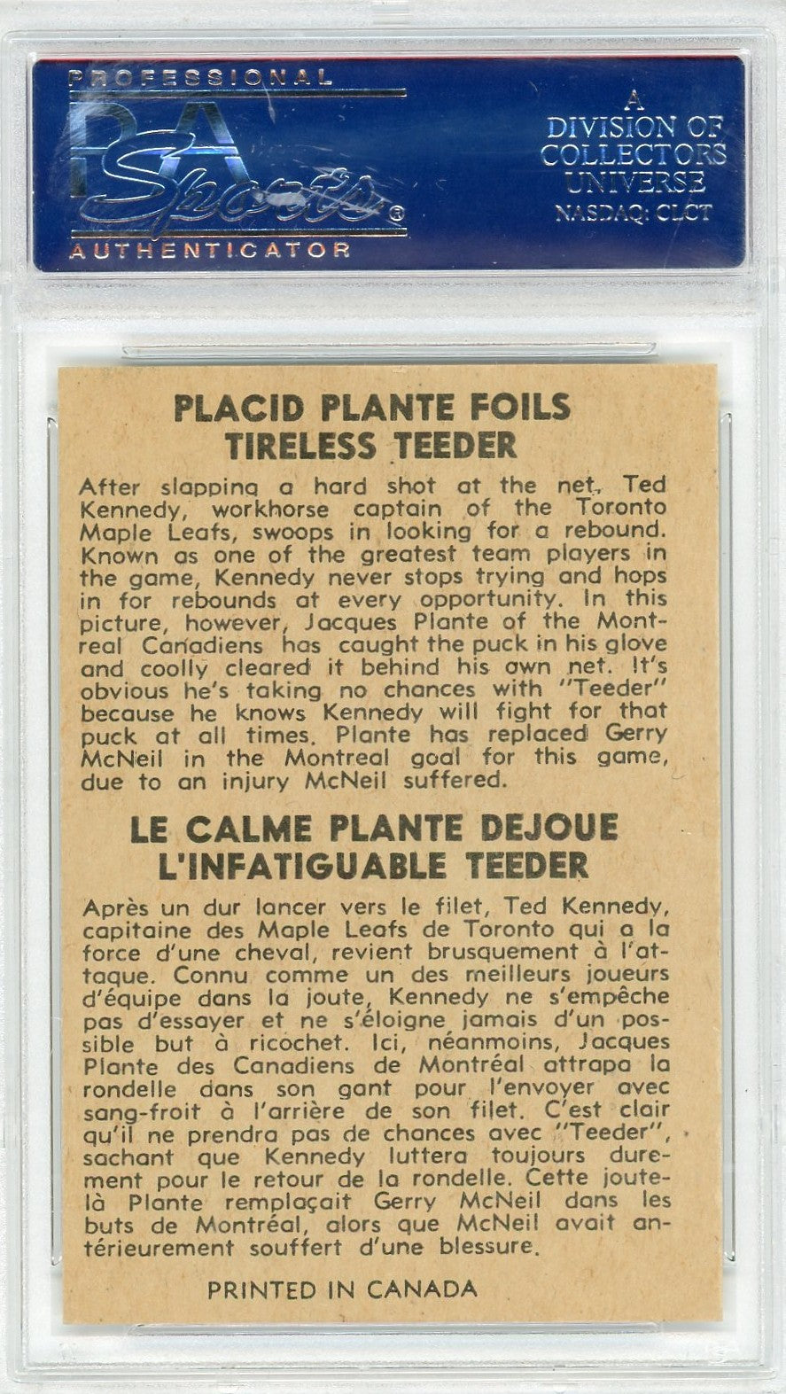 1954 Parkhurst Placid Plante #99 Foils Tireless Teeder PSA 7