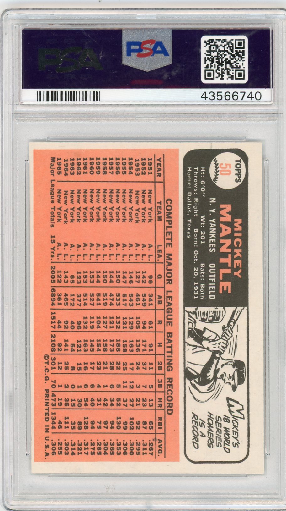 1966 Topps Mickey Mantle #50 PSA 9 Oc