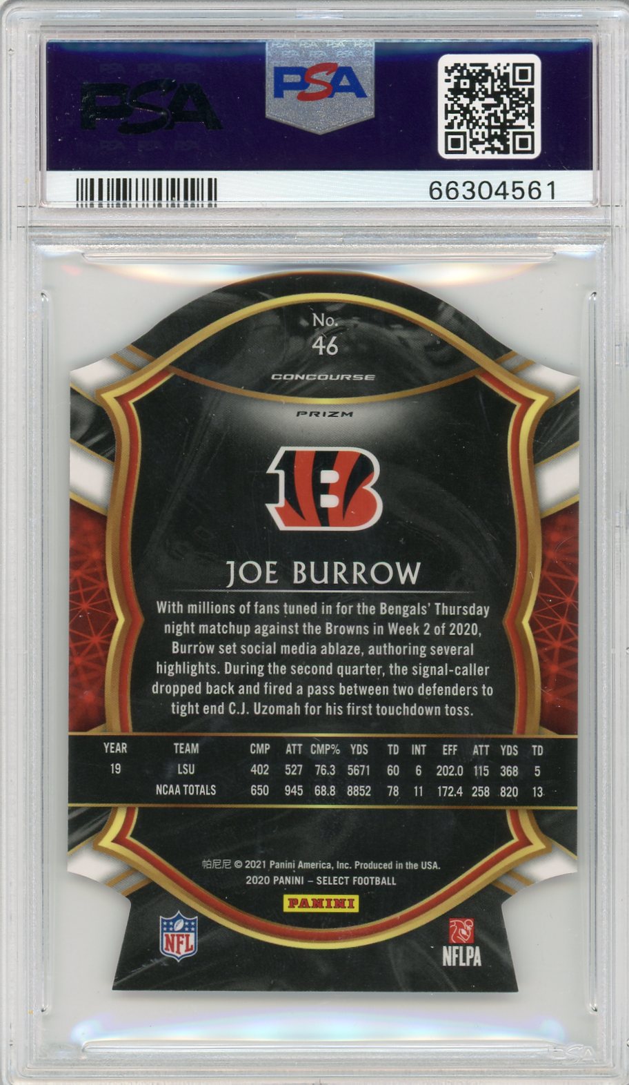 2020 Panini Select Joe Burrow #46 Die Cut Red Prizm PSA 10