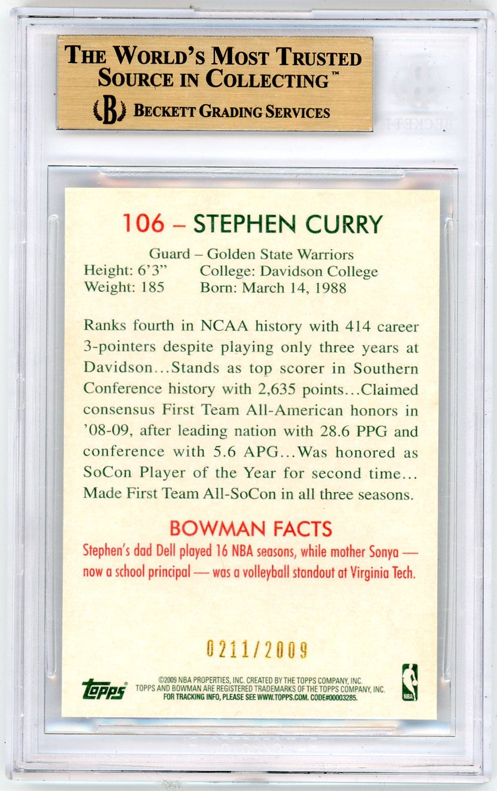 2009 Bowman 48 Stephen Curry #106 BGS 10 Rookie