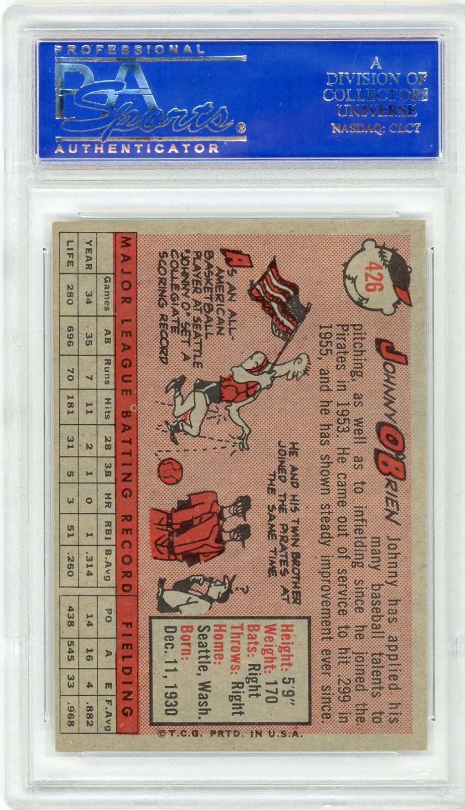 1958 Topps Johnny O'Brien #426 PSA 8