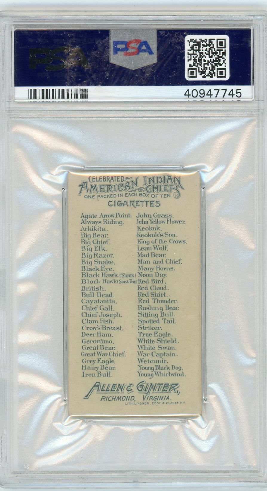 1888 N2 Allen & Ginter American Indian Chiefs Chief Joseph PSA 6