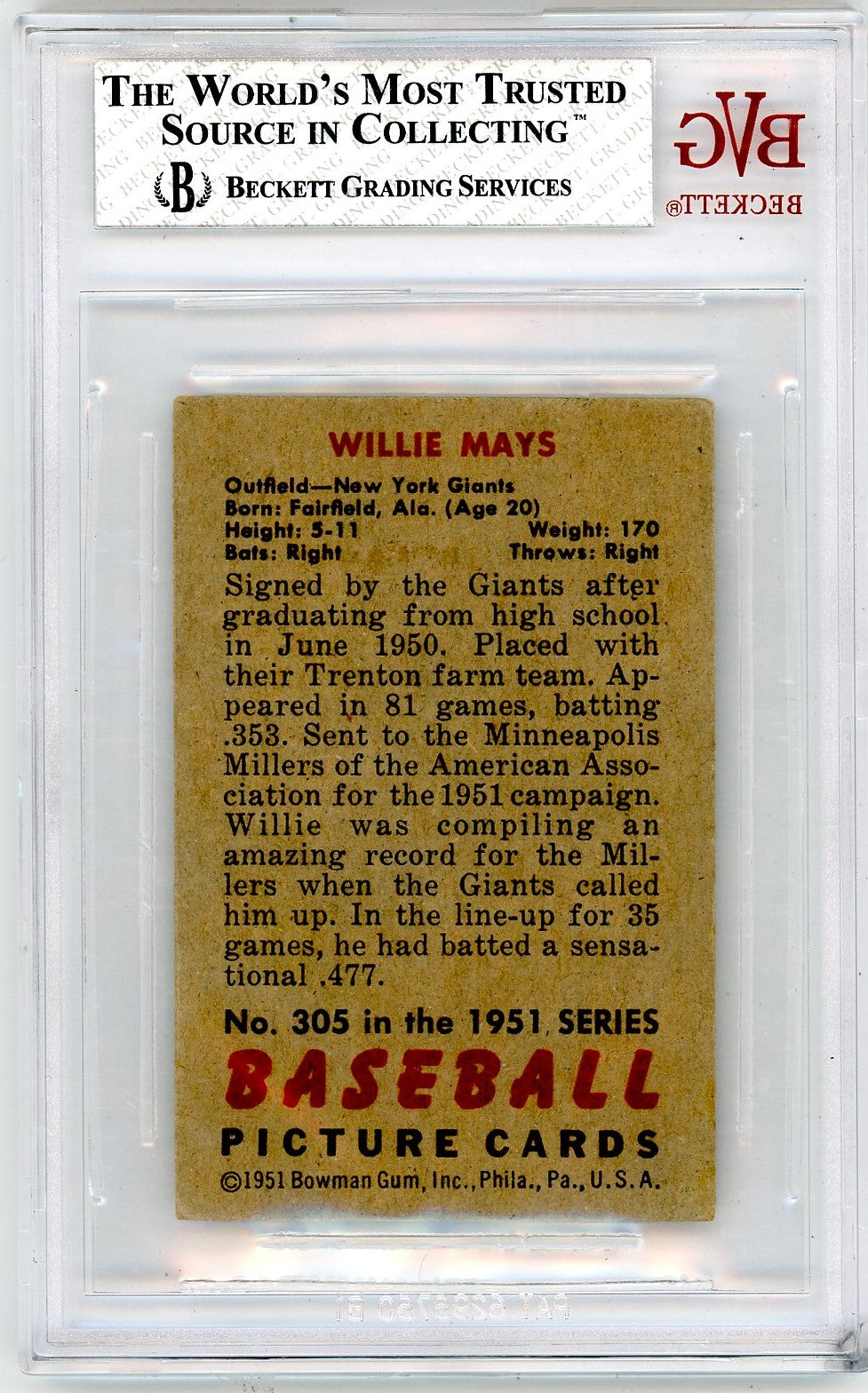 1951 Bowman Willie Mays #305 BVG 4 Rookie