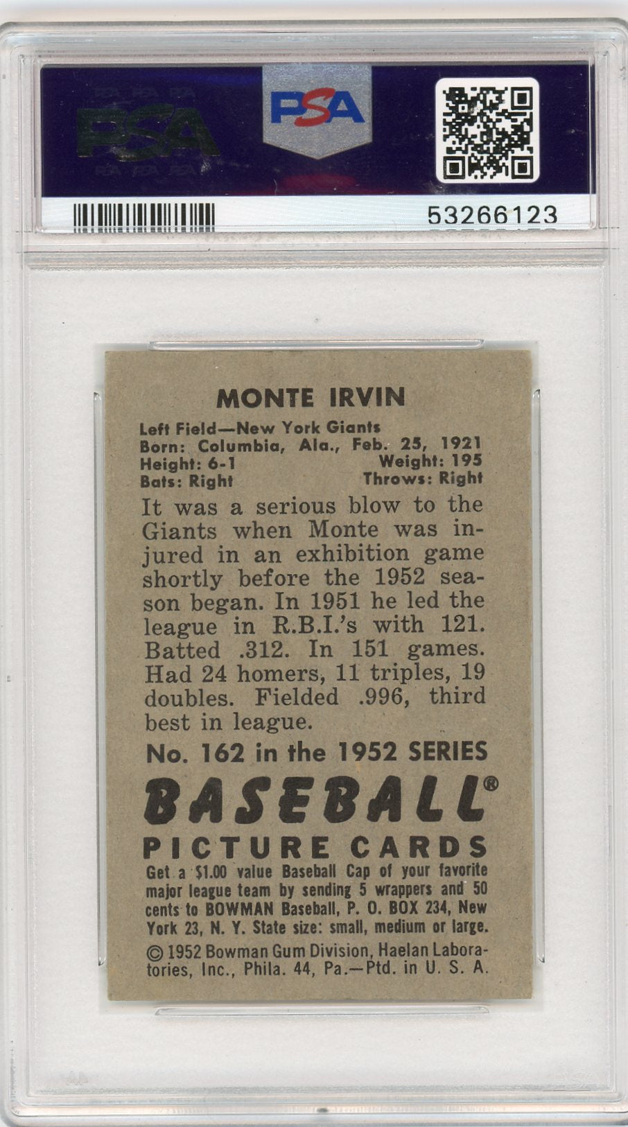 1952 Bowman Monte Irvin #162 PSA 8