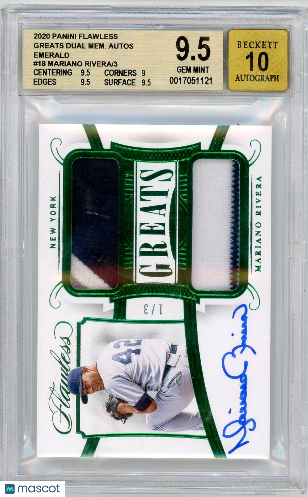 2020 Panini Flawless Greats Dual Emerald Mariano Rivera #18 BGS 9.5 /3 Auto 10