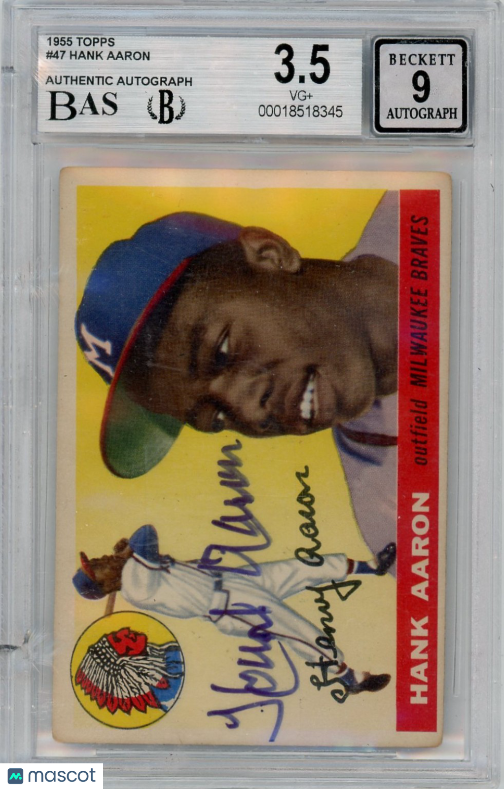 1955 Topps Hank Aaron #47 BVG 3.5 BGS Auto 9
