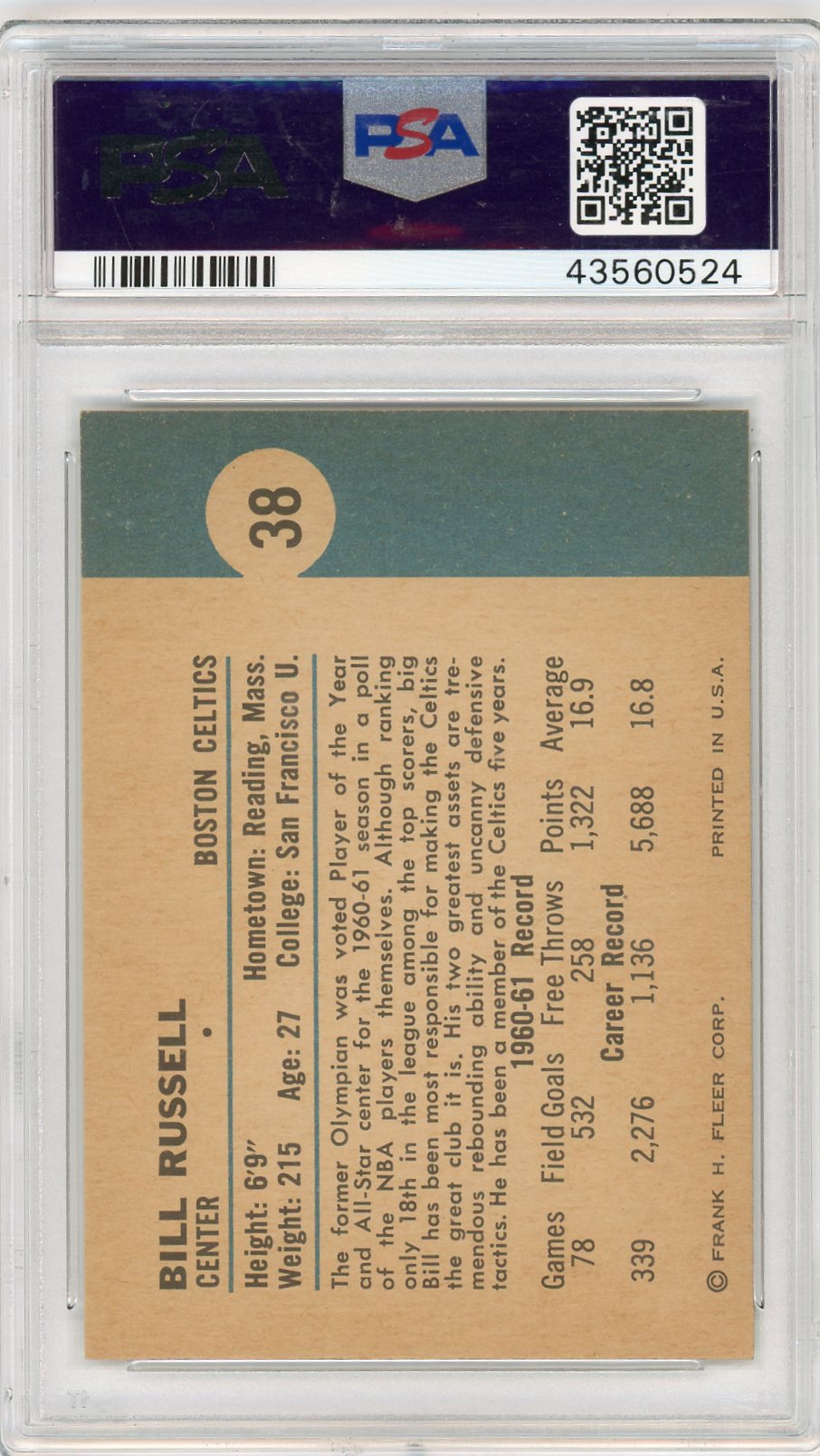 1961 Fleer Bill Russell #38 PSA 7