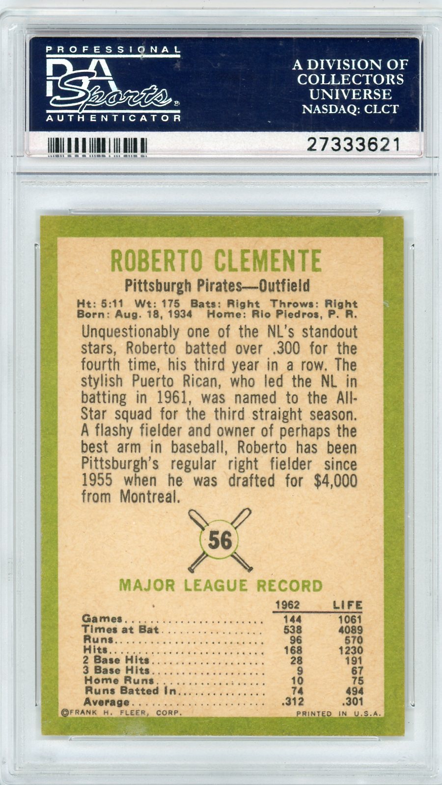 1963 Fleer Roberto Clemente #56 PSA 9