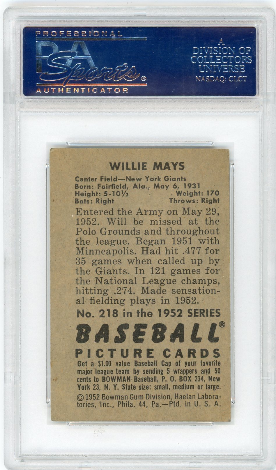 1952 Bowman Willie Mays #218 PSA 5
