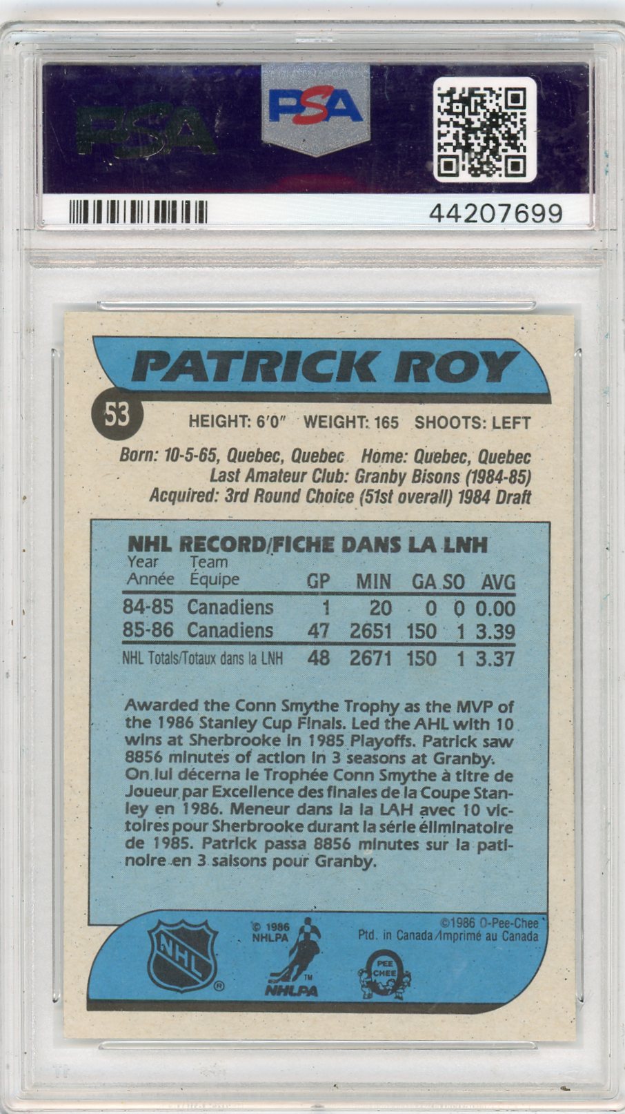 1986 O-Pee-Chee Patrick Roy #53 PSA 9