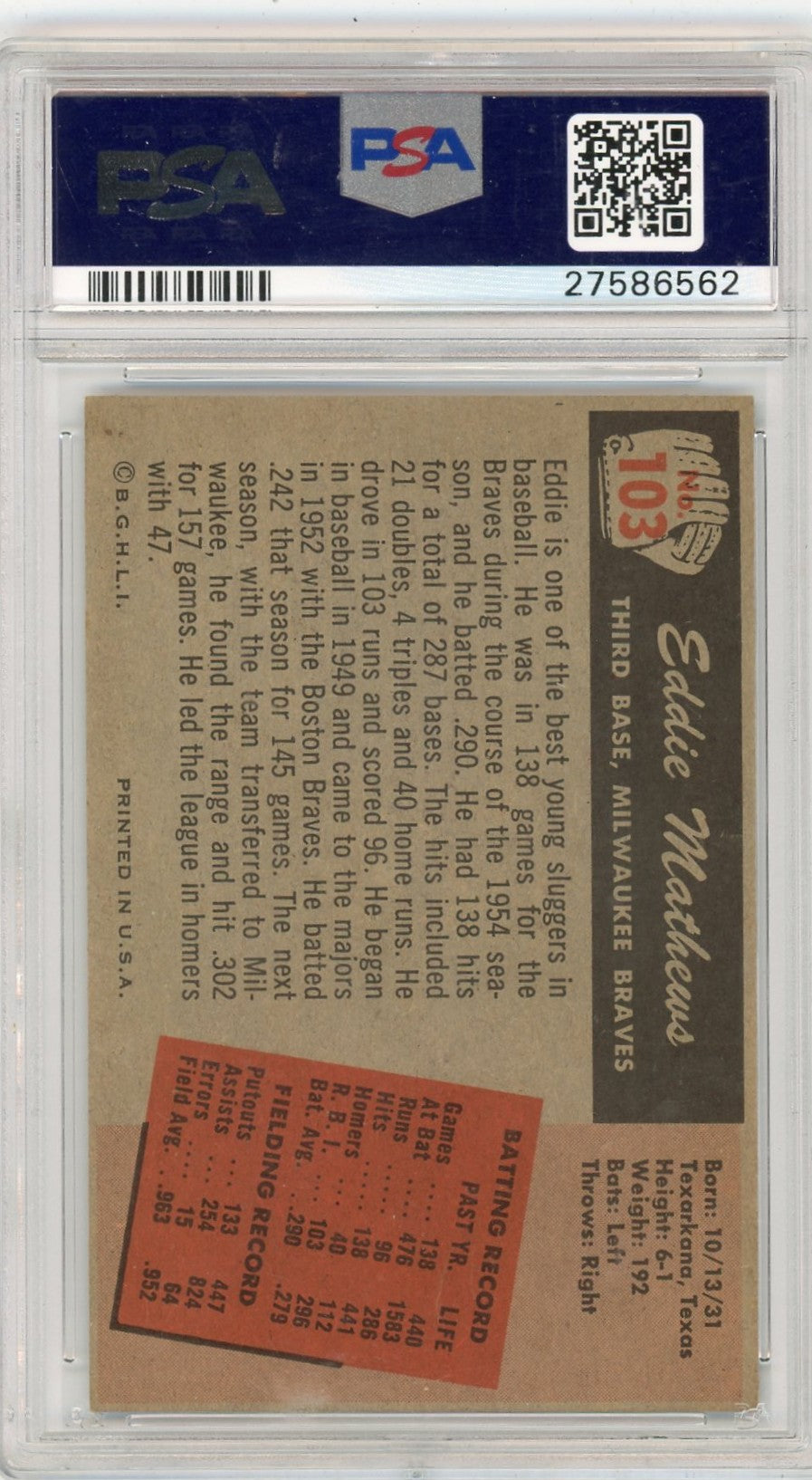 1955 Bowman Eddie Mathews #103 PSA 6