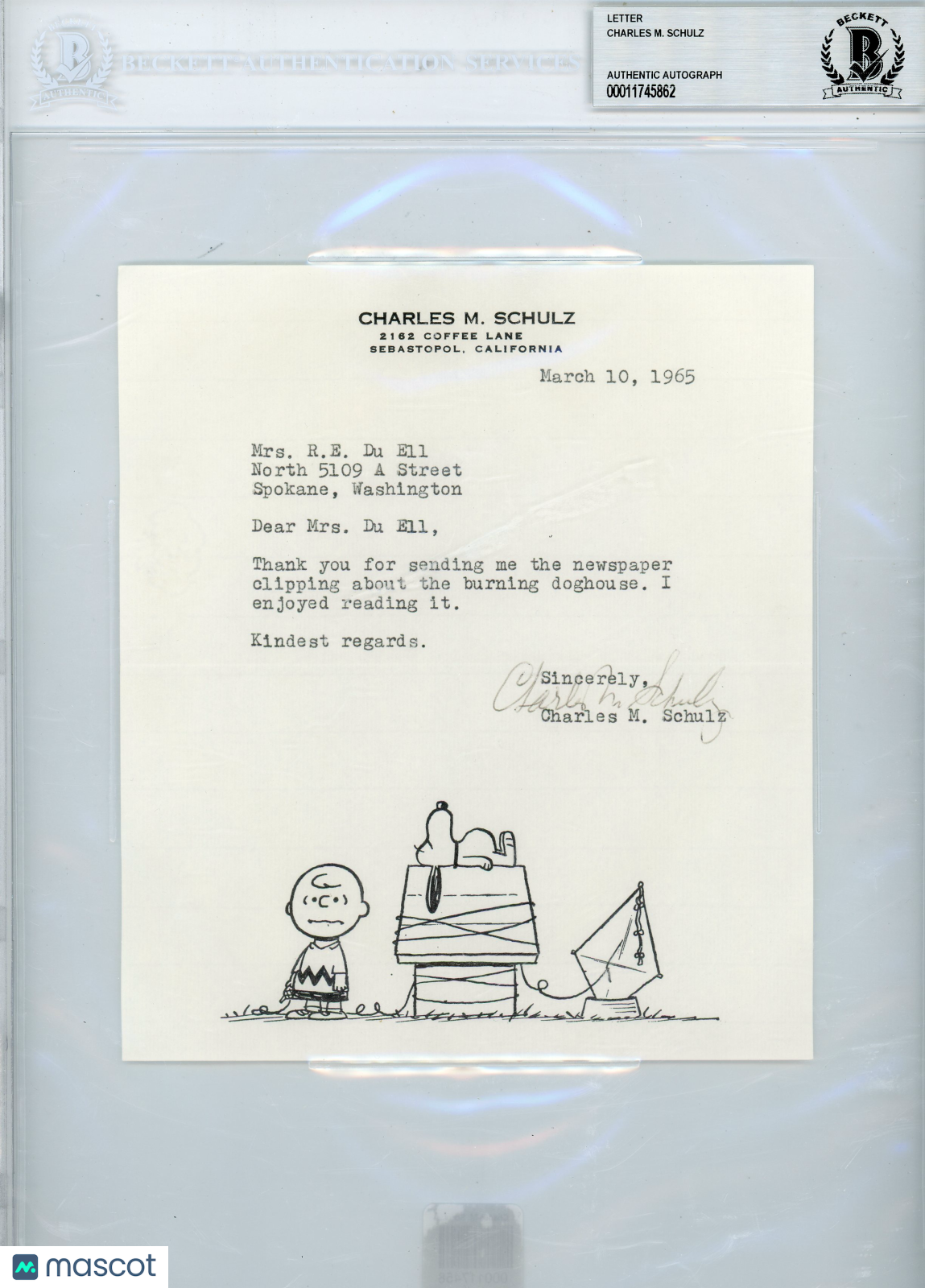 Charles M. Schulz Letter BGS Authentic BAS Auto Authentic