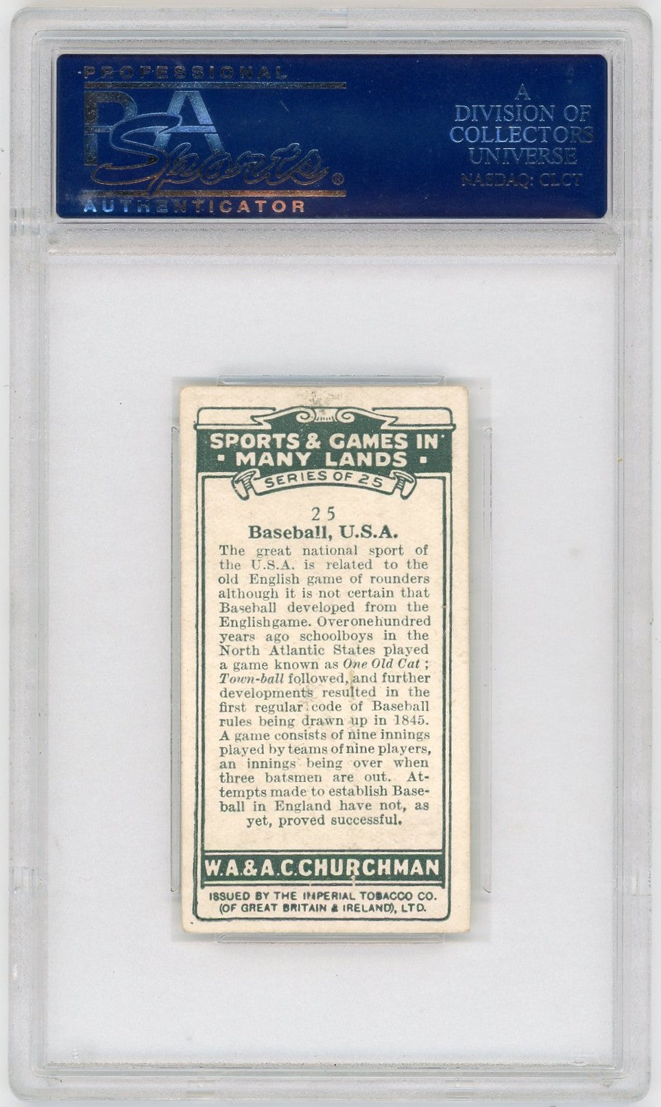 1929 W.A. & A.C. Churchman Sports And Games Baseball, U. S. A. #25 PSA 4