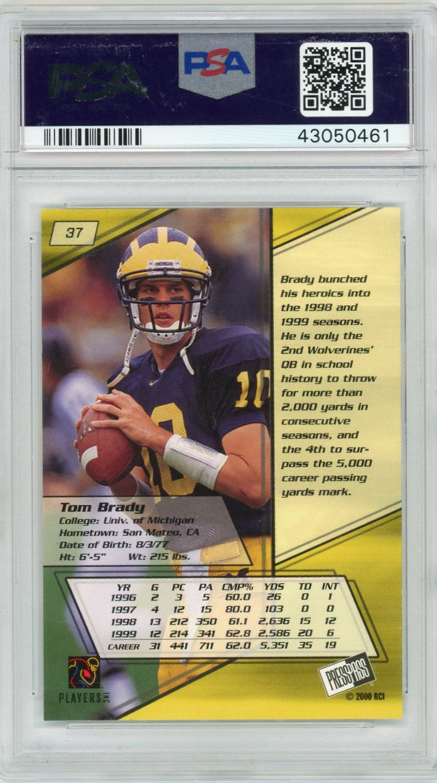 2000 Press Pass Tom Brady #37 PSA 7
