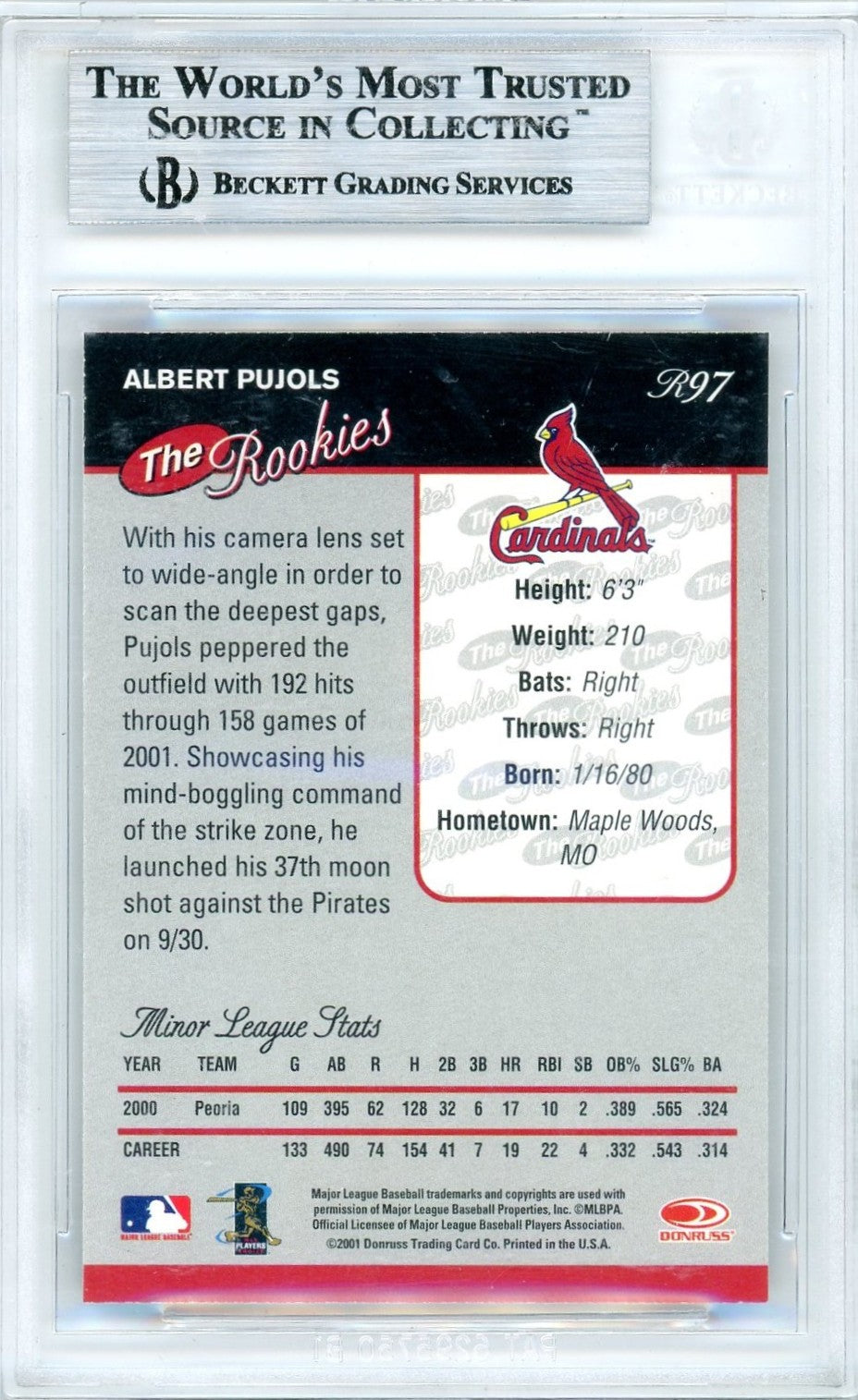 2001 Donruss Rookies Albert Pujols UPD #R97 BGS 9