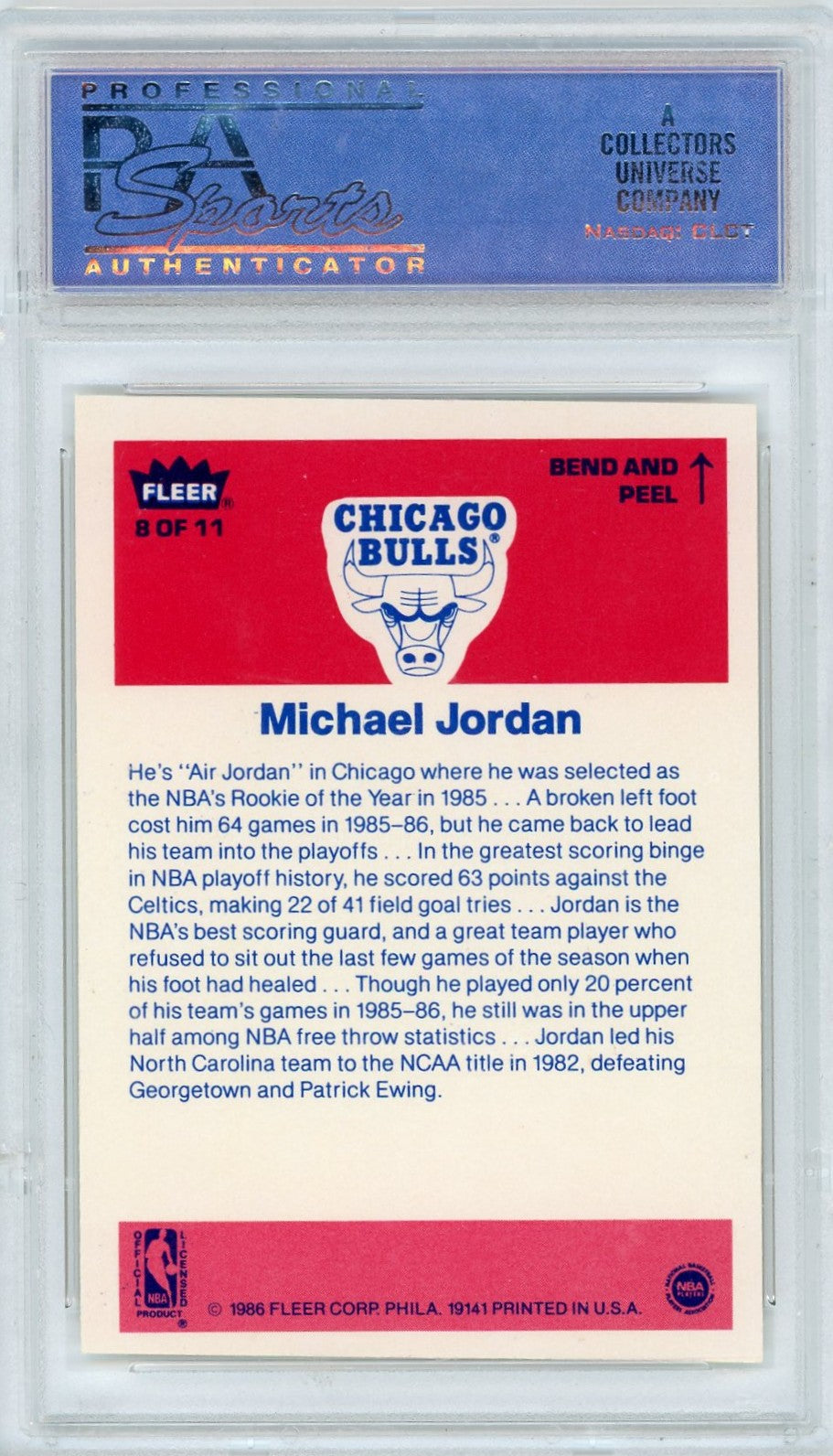 1986 Fleer Sticker Michael Jordan #8 PSA 9 Oc