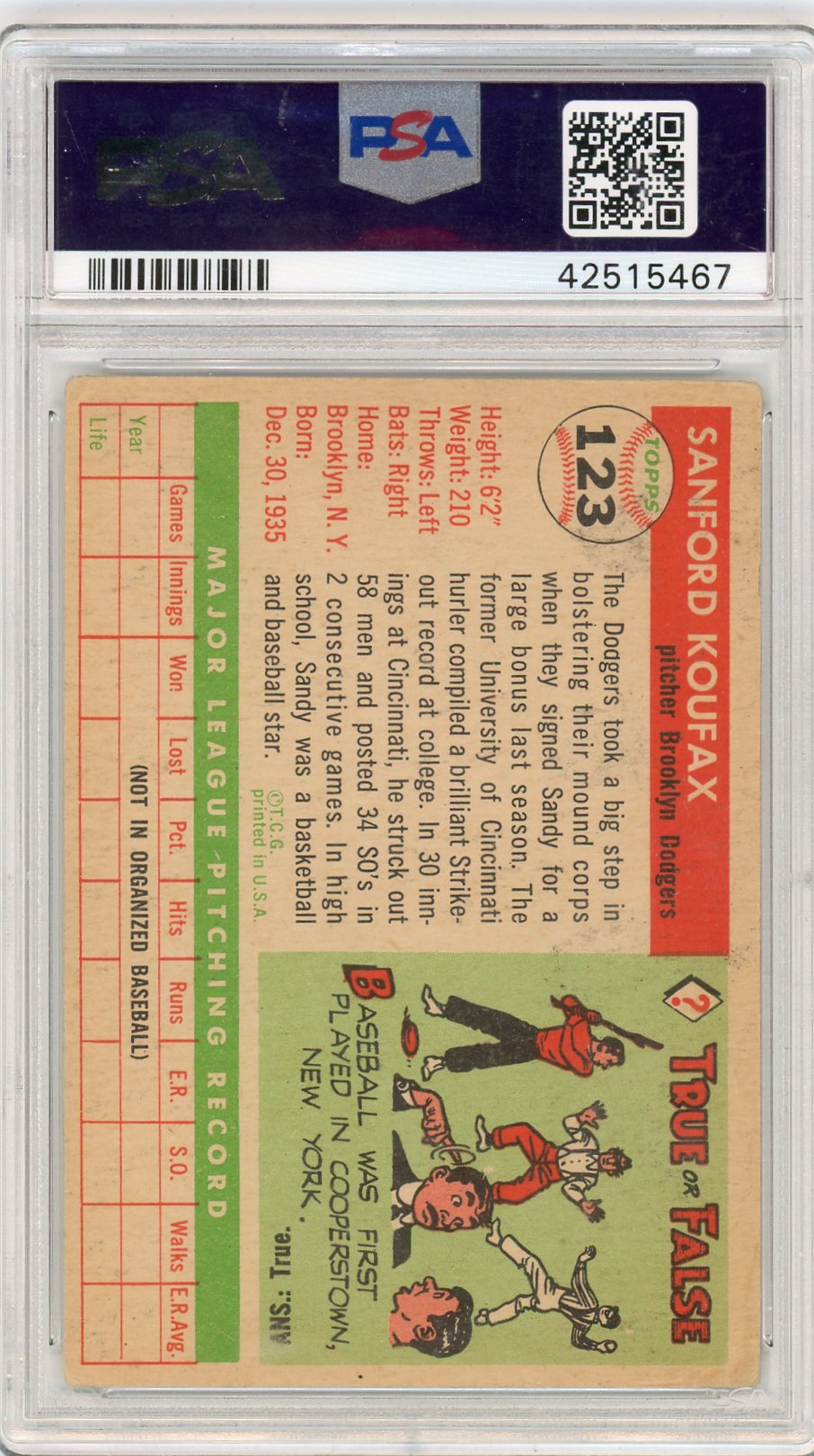 1955 Topps Sandy Koufax #123 PSA 3