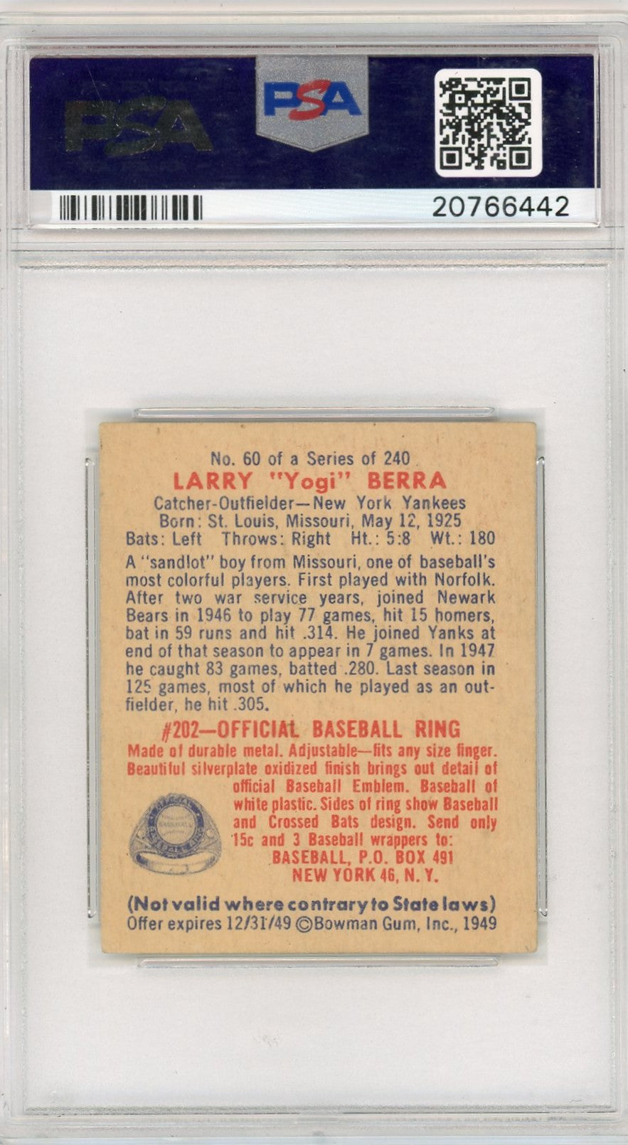 1949 Bowman Yogi Berra #60 PSA 6
