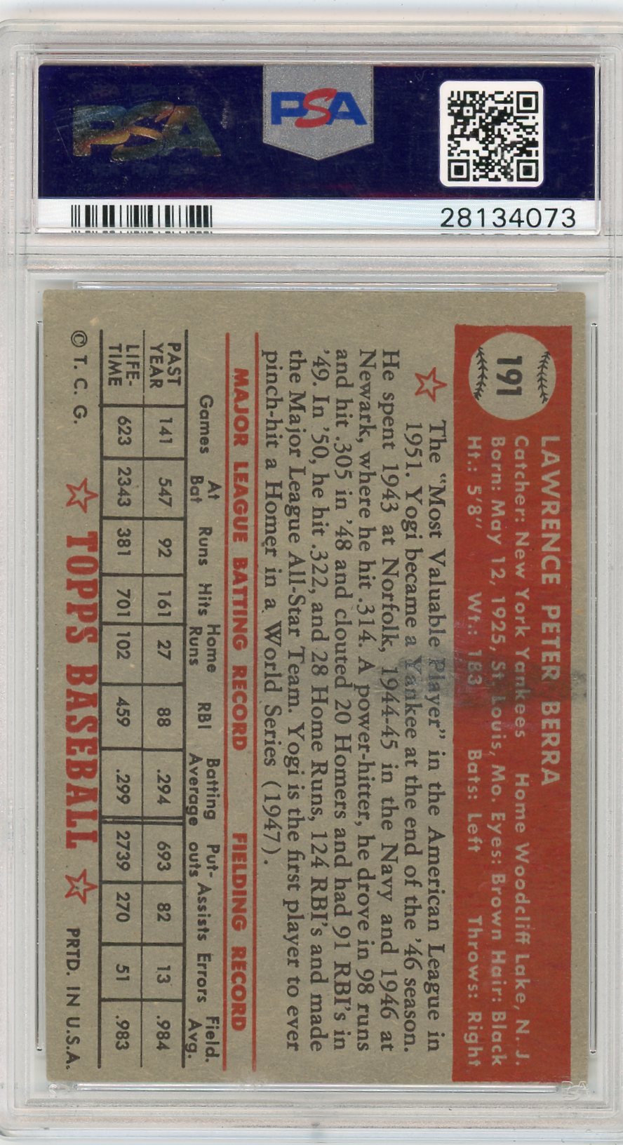 1952 Topps Yogi Berra #191 PSA 5