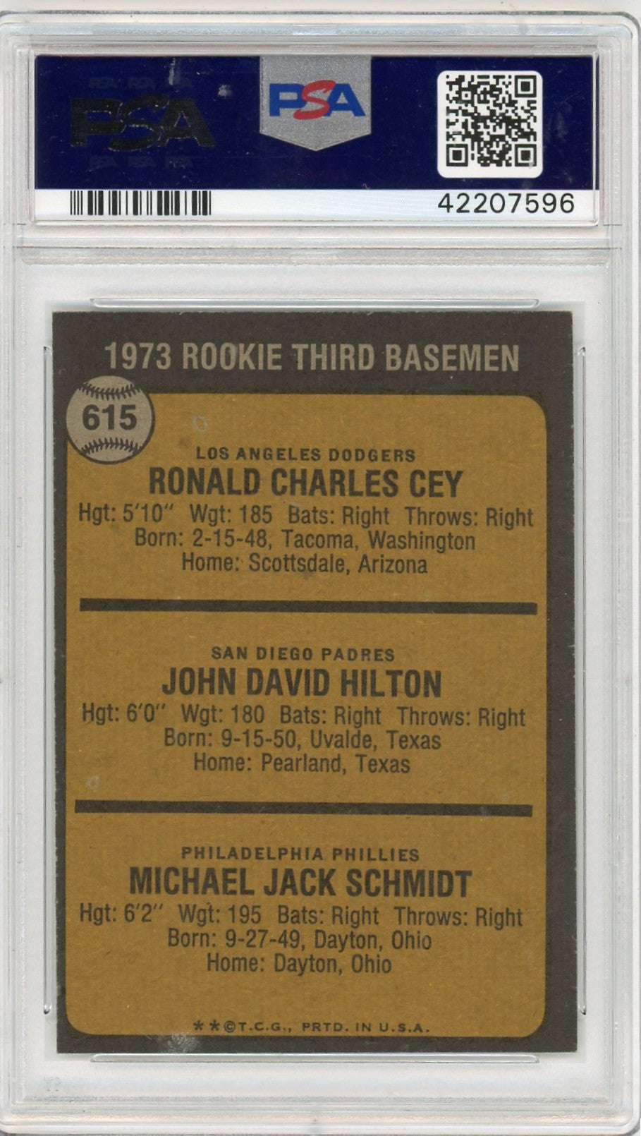 1973 Topps Rookie 3RD Basemen #615 Cey Hilton Schmidt PSA 8