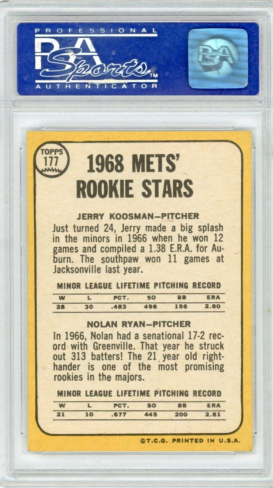 1968 Topps Mets Rookies #177 J. Koosman N. Ryan PSA 8