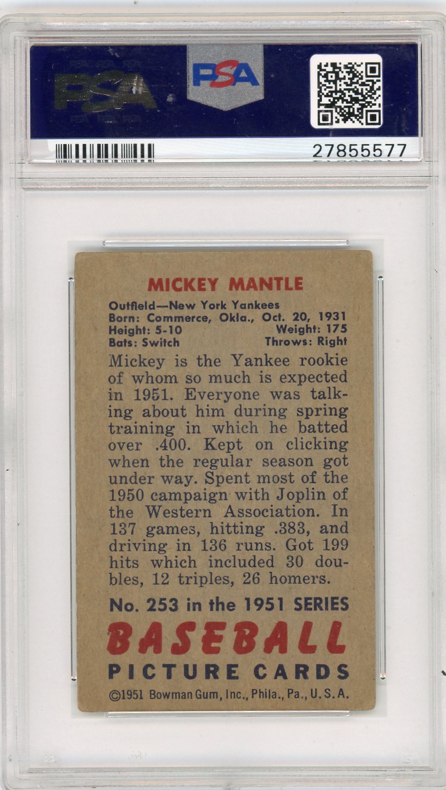 1951 Bowman Mickey Mantle #253 PSA 3.5