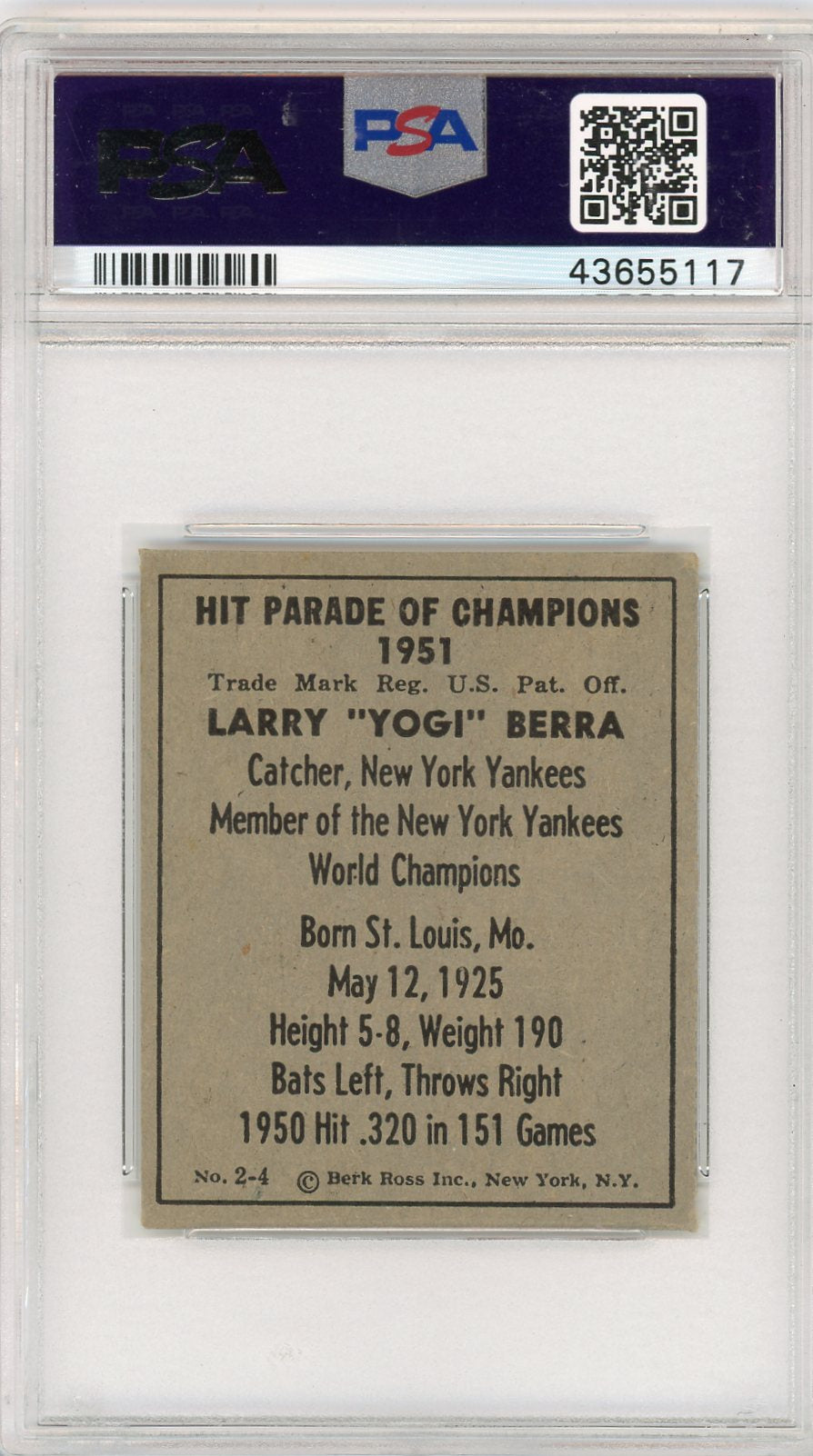 1951 Berk Ross Larry Yogi Berra #2-4 PSA 7