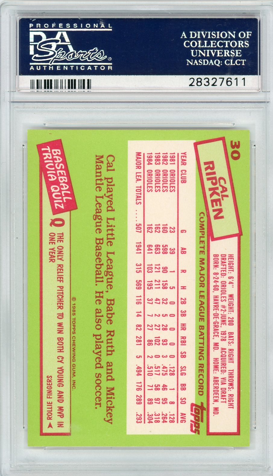 1985 Topps Tiffany Cal Ripken JR. #30 PSA 10
