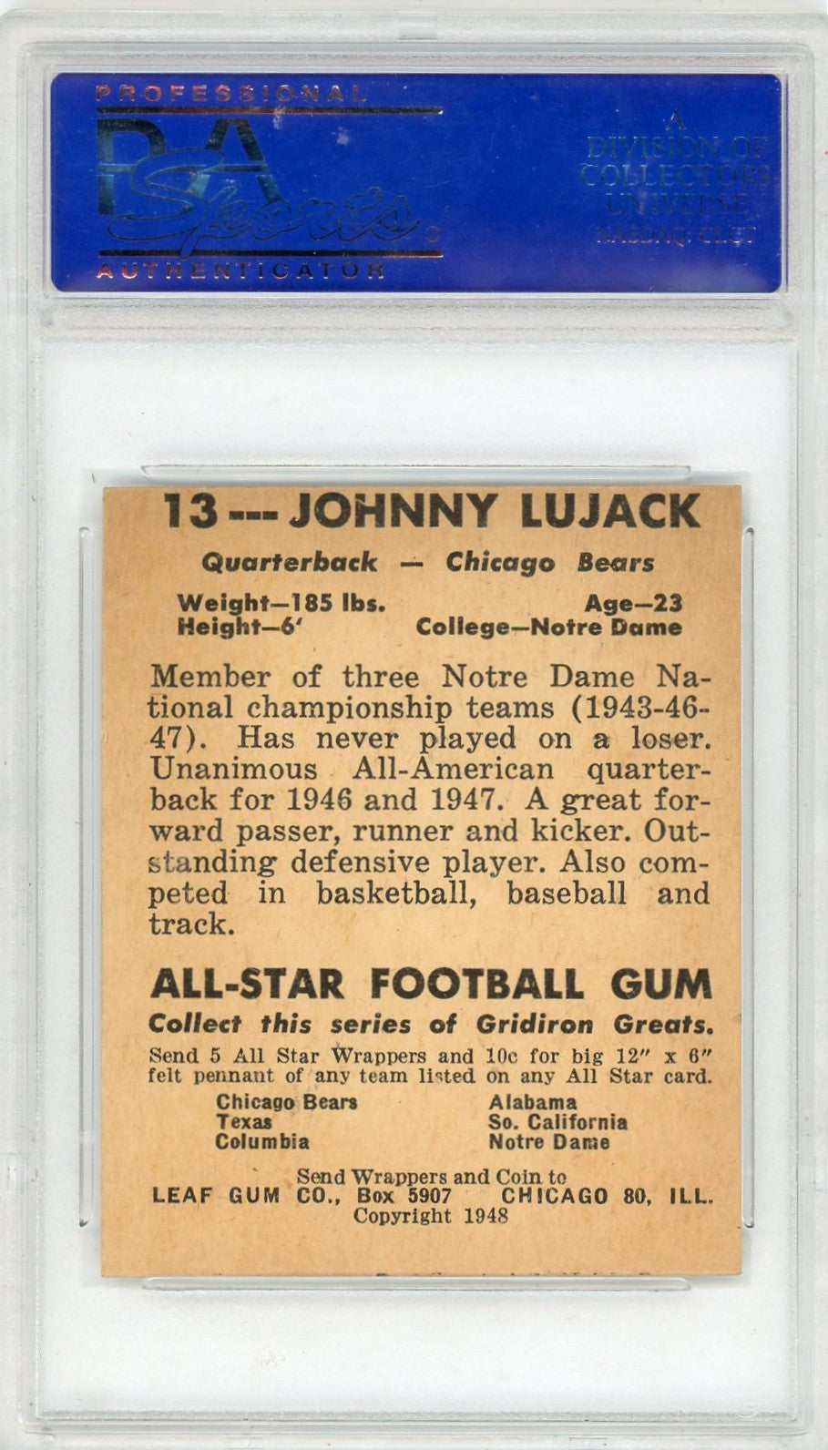 1948 Leaf Johnny Lujack #13 PSA 8 Oc
