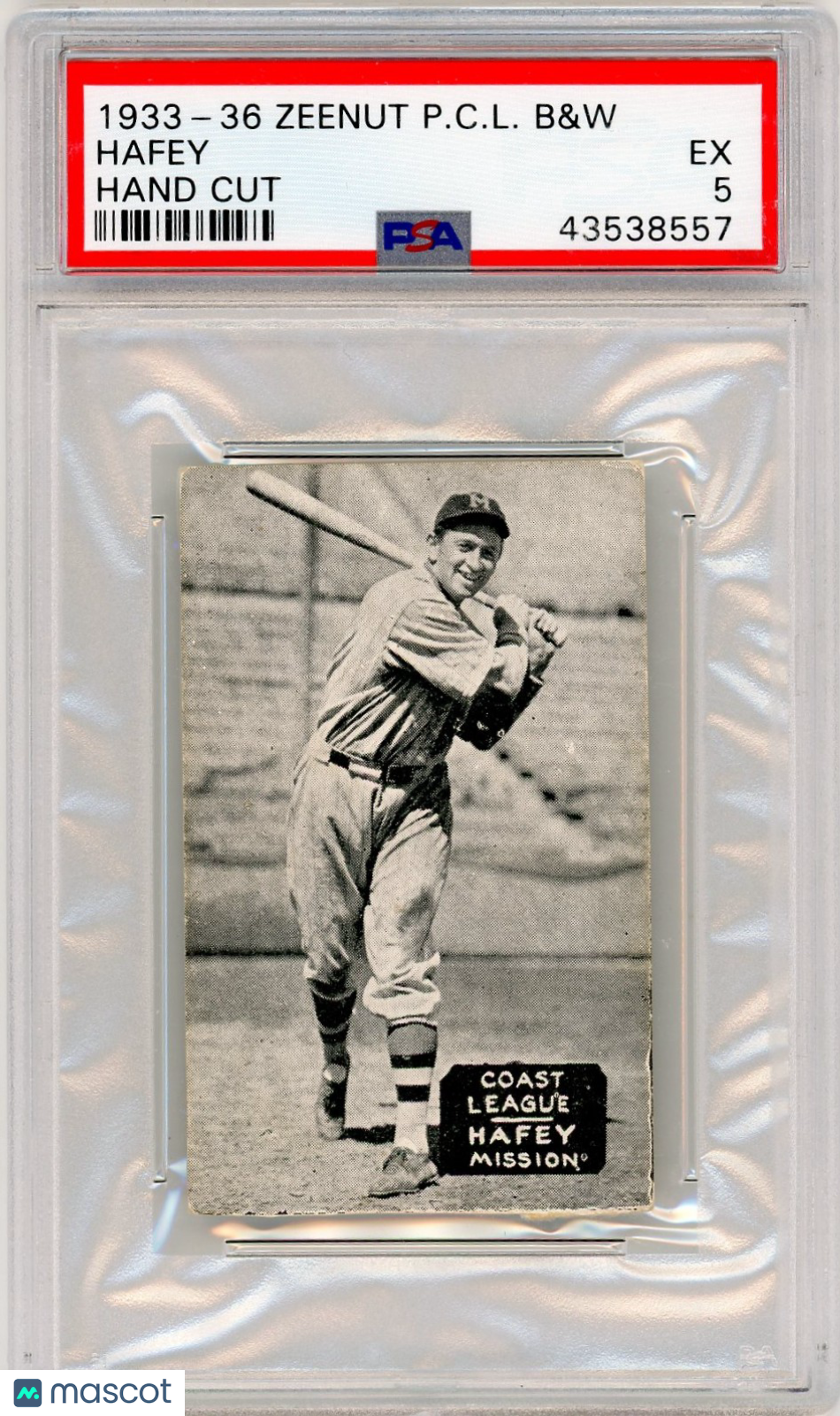 1933-36 Zeenut Pacific Coast League B&W Hafey Hand Cut PSA 5