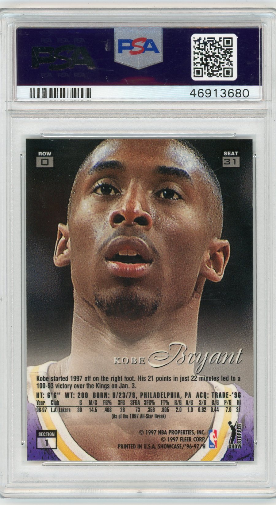 1996 Flair Showcase Kobe Bryant #31 Row 0 PSA 9