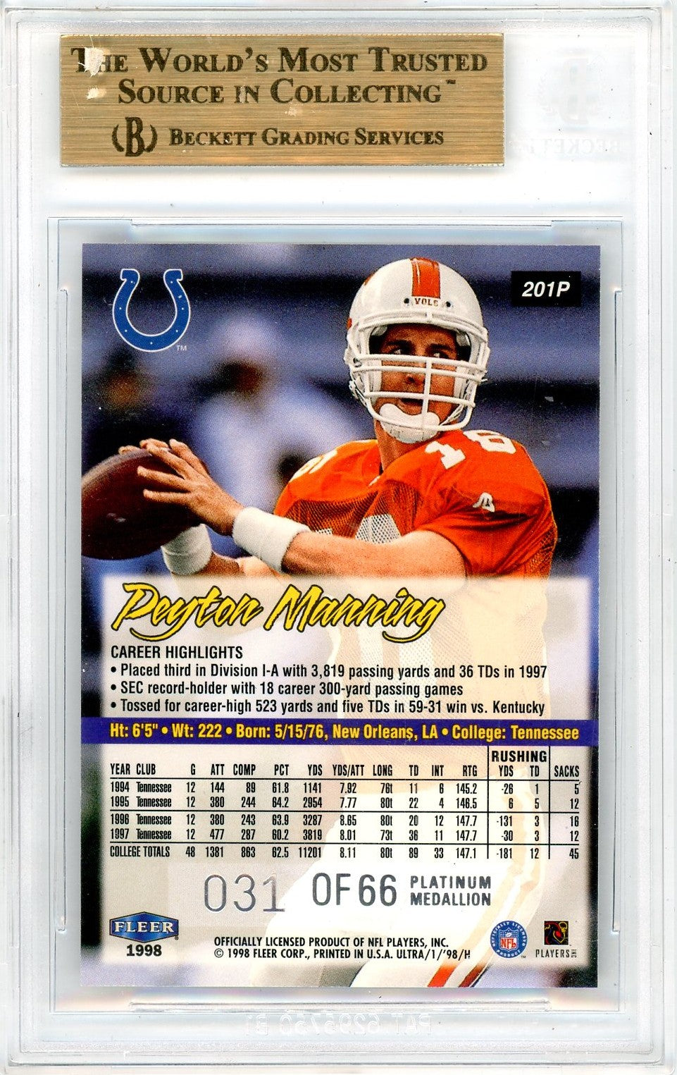 1998 Ultra Platinum Medallion Peyton Manning #201P BGS 9.5