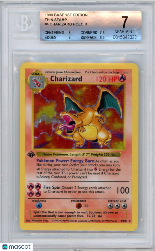 1999 Pokemon Base 1st Edition Thin Stamp Charizard HOLO R #4 BGS 7 /Thin