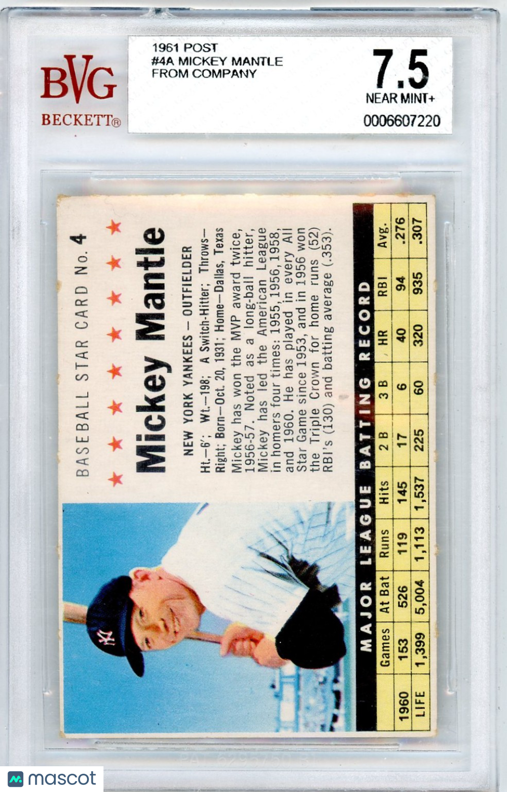 1961 Post Mickey Mantle COM #4A BVG 7.5
