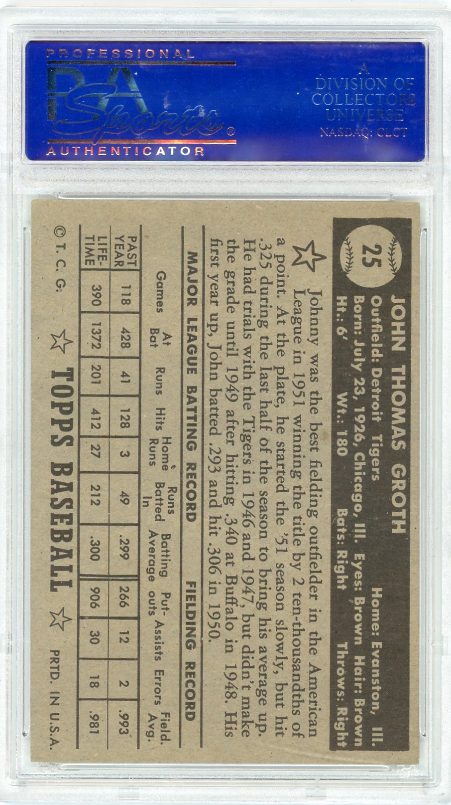 1952 Topps Johnny Groth #25 Black Back PSA 7