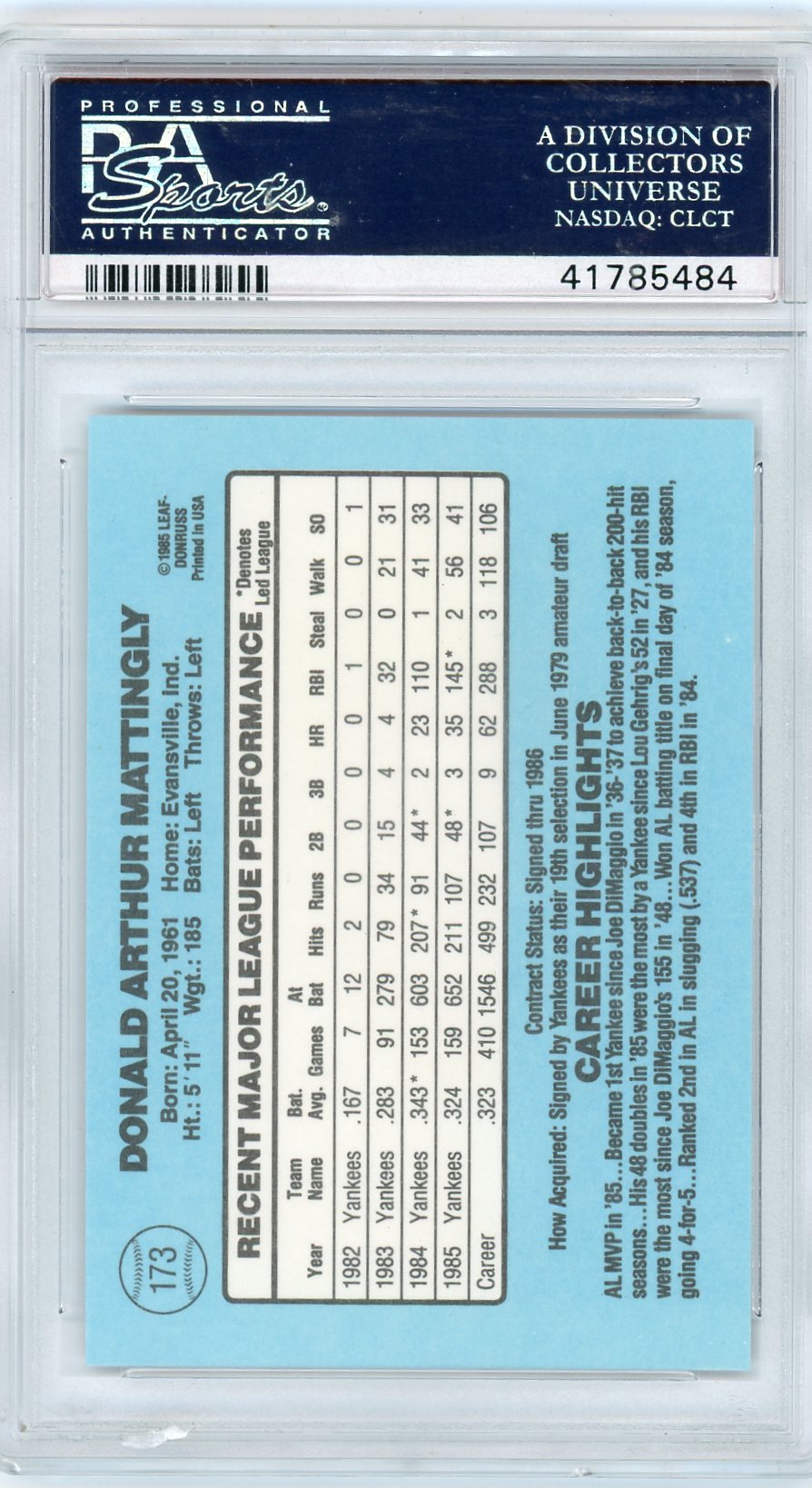 1986 Donruss Don Mattingly #173 PSA 10