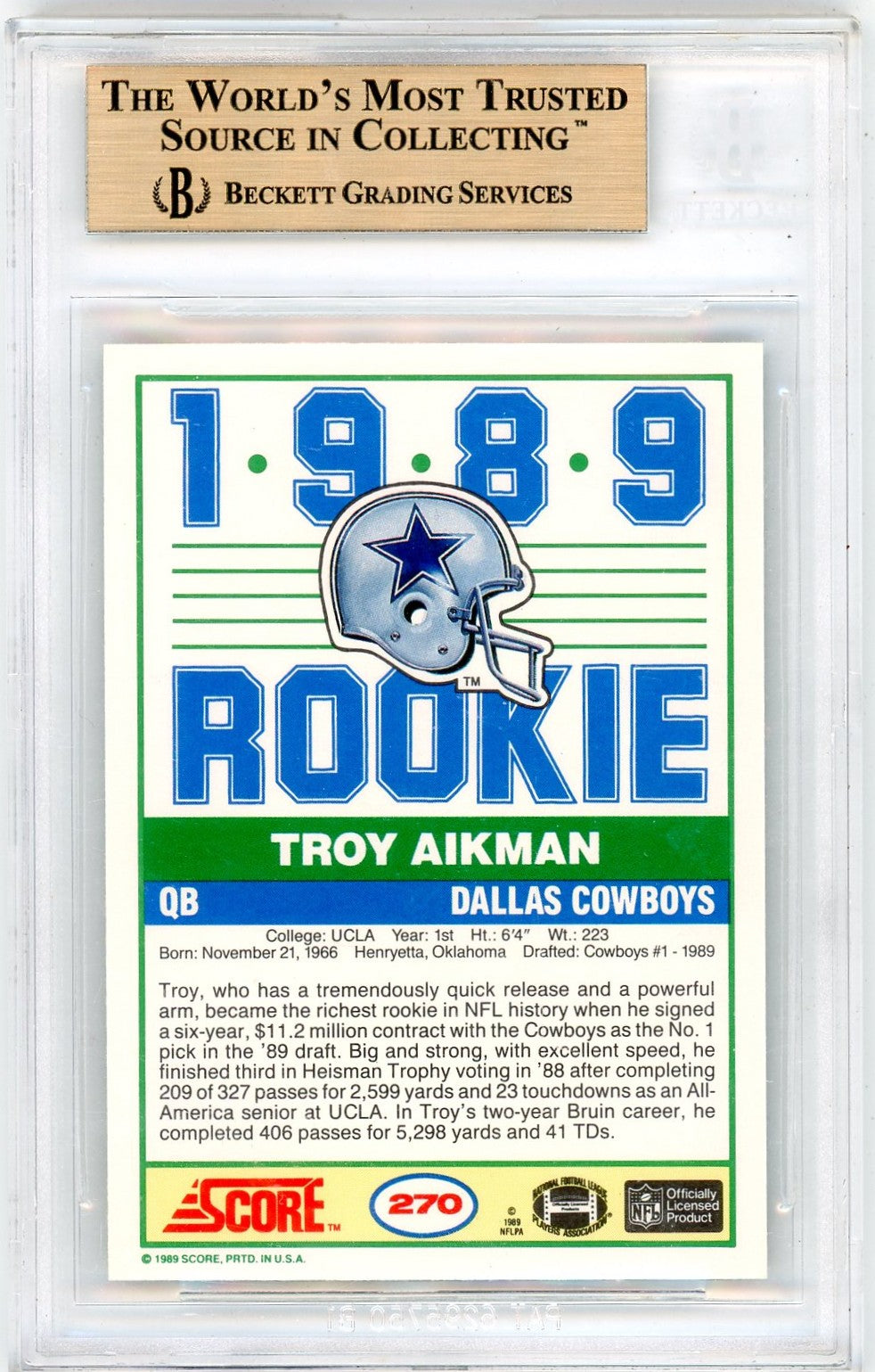 1989 Score Troy Aikman #270 BGS 9.5 Rookie