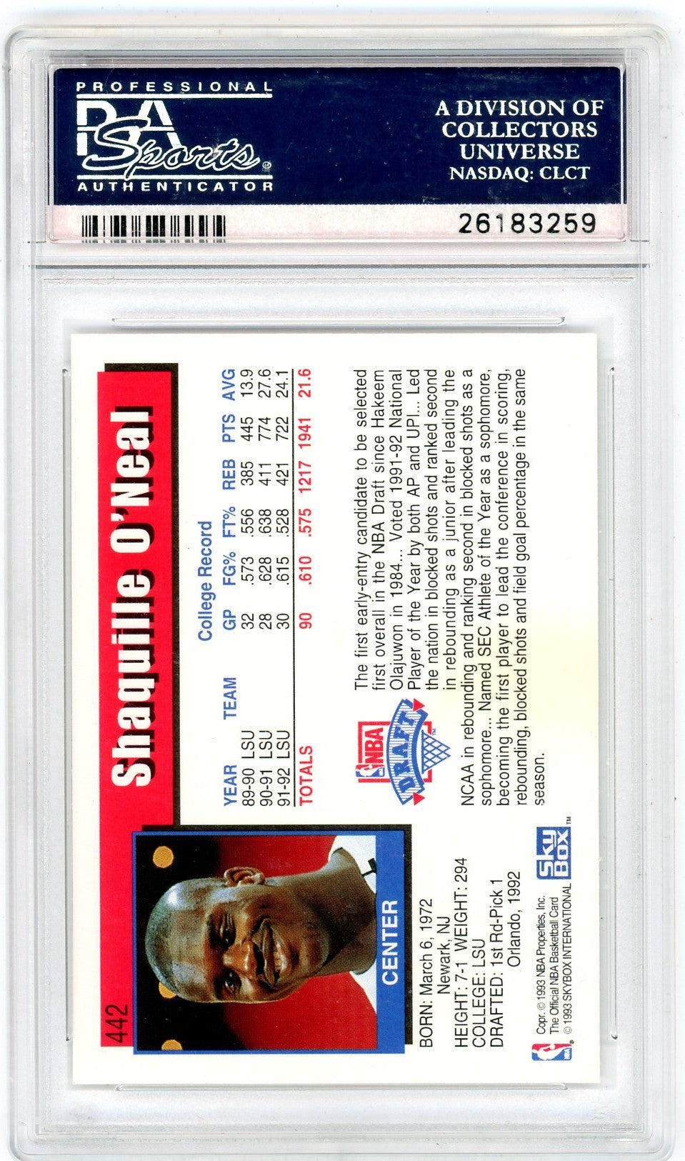 1992 Hoops Shaquille O'Neal #442 PSA 10