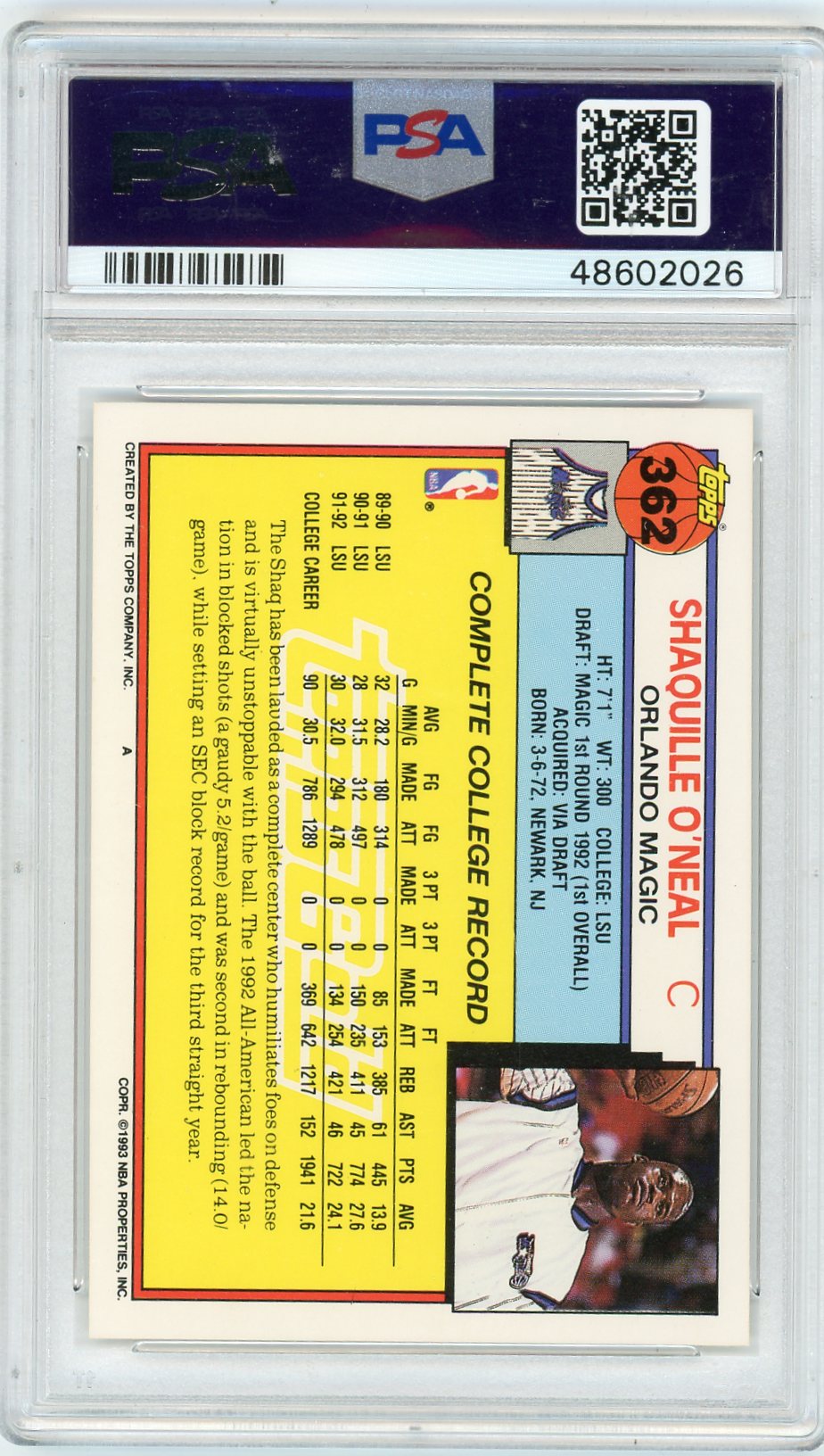 1992 Topps Gold Shaquille O'Neal #362 PSA 9