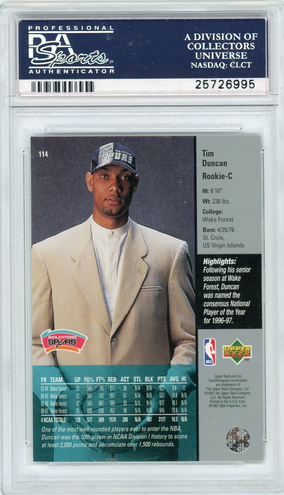 1997 Upper Deck Tim Duncan #114 PSA 10