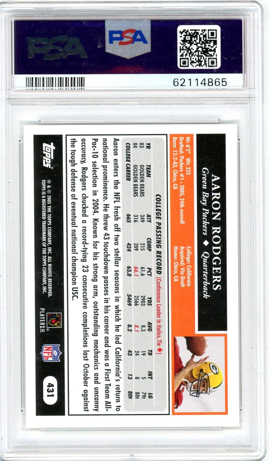 2005 Topps Aaron Rodgers #431 PSA 9