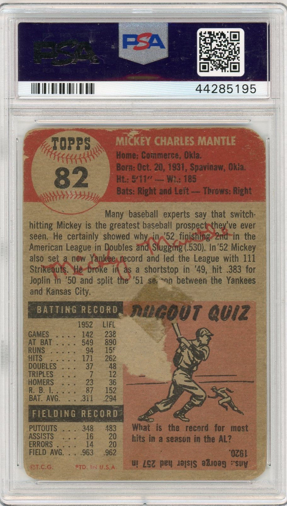 1953 Topps Mickey Mantle #82 PSA 1