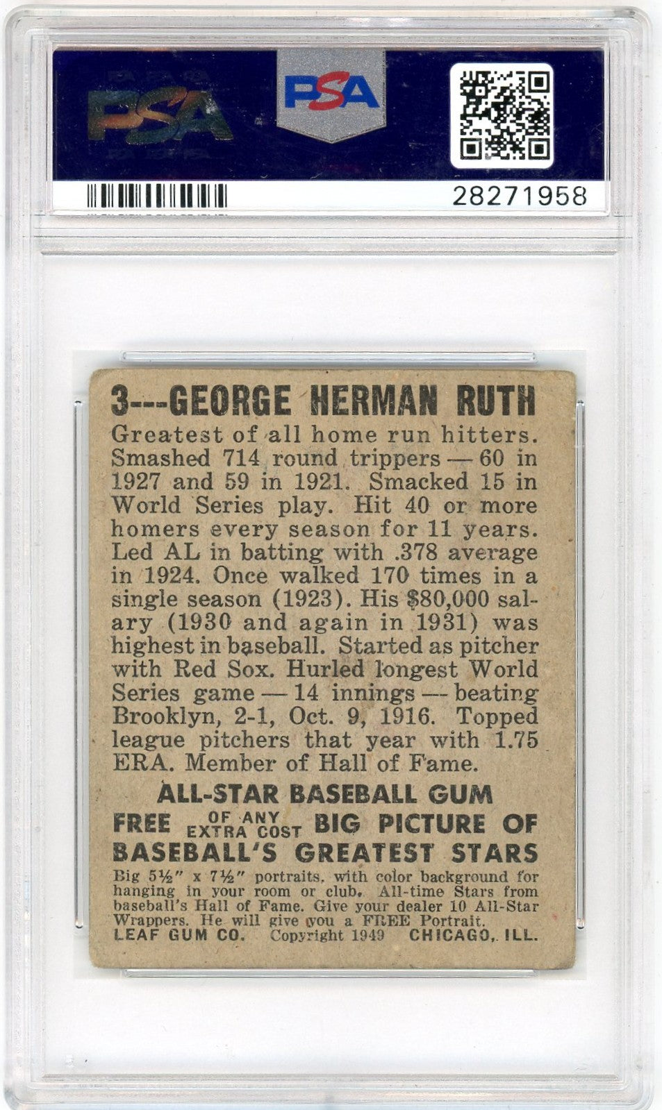 1948 Leaf Babe Ruth #3 PSA 2.5